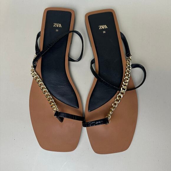 Zara Shoes - Zara Black Flat Sandals with Gold Chain Detail Stylish Women's Footwear Size 38
